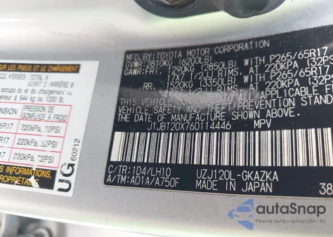 2006 Lexus Gx z USA, uszkodzony, nr VIN JTJBT20X760114446